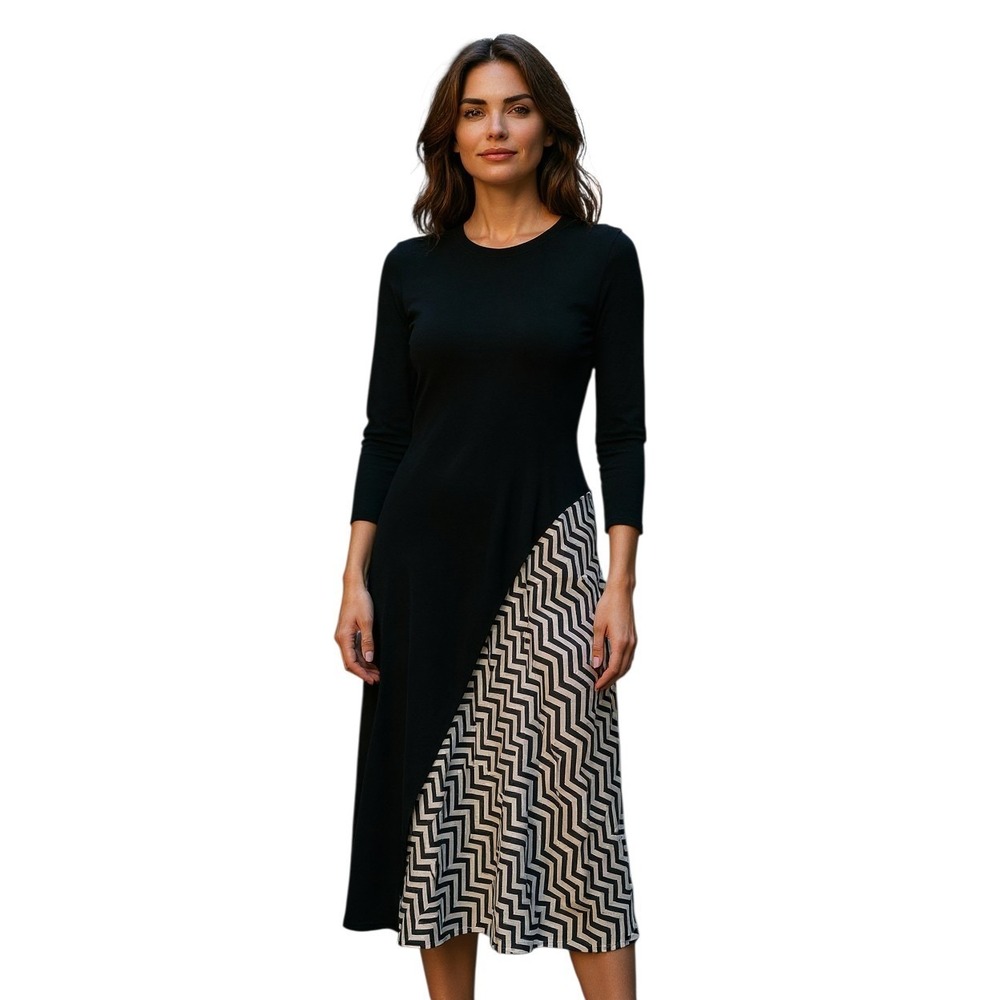 Nazila Couture size XL Black Chevron Viscose Asymmetrical A-Line Midi Dress NWT